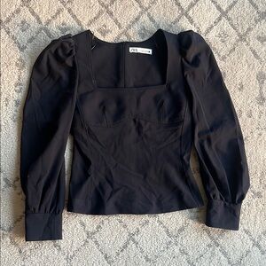 Zara Black Puff Sleeve Fitted Blouse